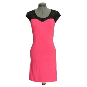 CITY STREETS Vibrant Hot Barbie Pink w/ Black Lace Body Con Dress Size S NWT!